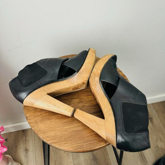 Theory Black Leather Cross Strap Platform Heels Women’s Size 8 - Picture 7 of 10